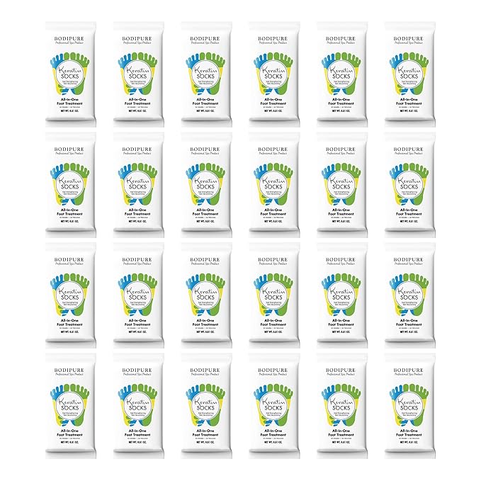 Bodipure All-In-1 Moisturizing Foot Mask, Keratin & Vitamin E Foot Mask for Dry Cracked Feet, Callus & Heel Softening, Easy-to-Use Pedicure Foot Repair, Chemical-free Feet Treatment 24 Pairs