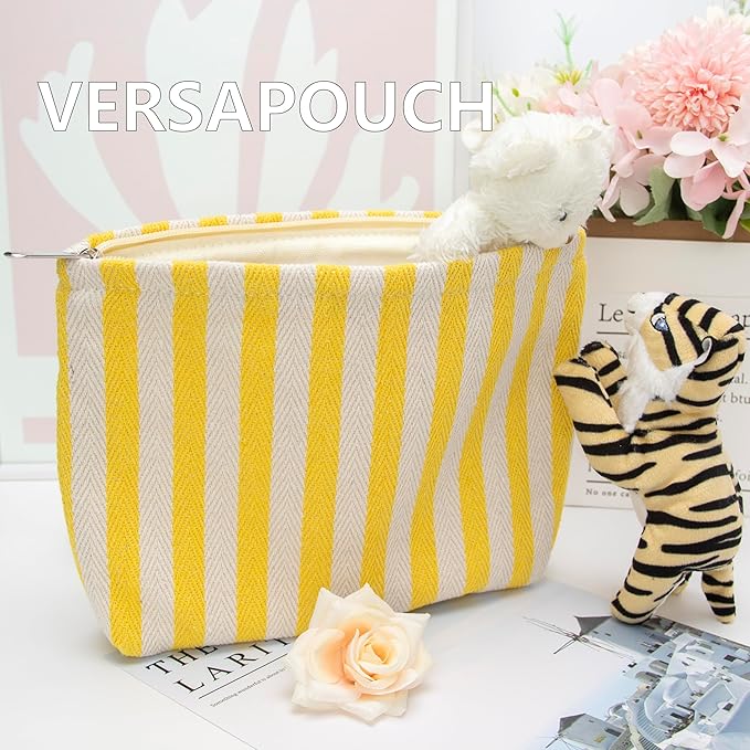 PAZIMIIK Makeup Bag Large Cotton Zipper Pouch for Purse Travel Canvas Make Up Organizer for Women Cosmetic,Stripe Yellow