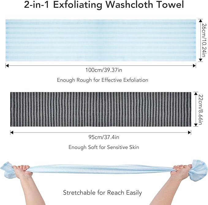 Exfoliating Washcloth Shower Towel - 2 Pack Back and Body Scrubbers for Smooth Skin | Quick-Drying, Durable, and Gentle for Sensitive Skin (Black+Blue)
