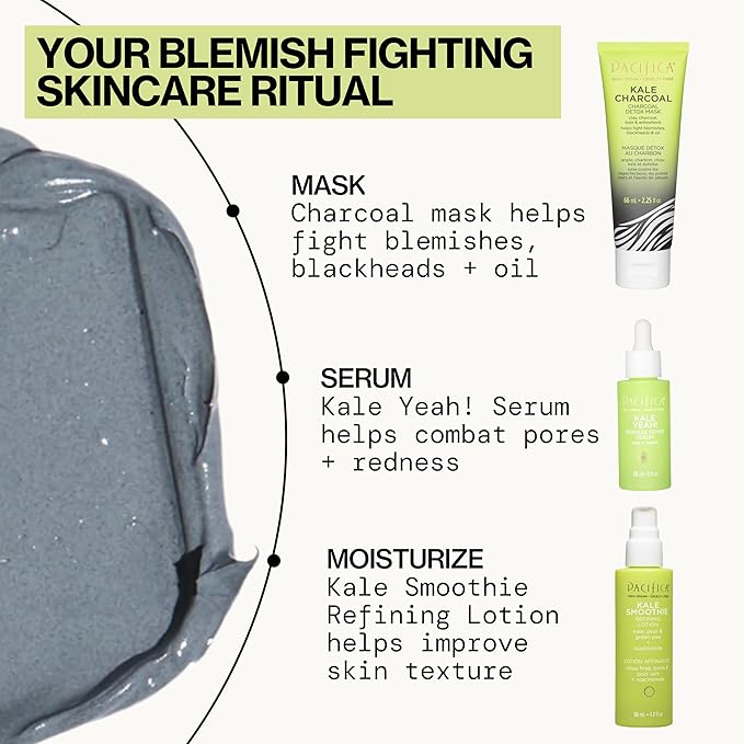 Pacifica Kale Charcoal Ultimate Detox Face Mask, Deep Pore Cleansing Clay Mask for Acne, Blackhead Removal, Blemish Control, Vegan, Purifying & Oil Control Vegan Facial Mask, 2.25 Fl Oz