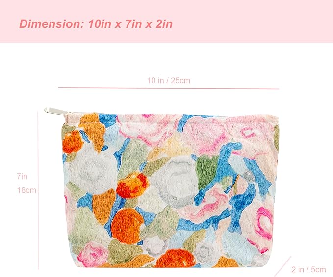 PAZIMIIK Floral Makeup Bag Large Cotton Zipper Pouch for Purse Travel Canvas Make Up Organizer for Women Cosmetic,Garden Orange