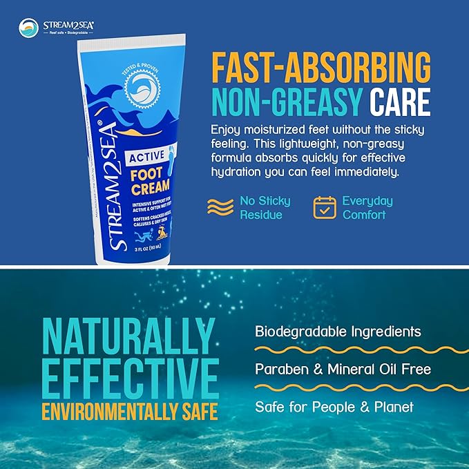 STREAM 2 SEA Active Foot Cream, Intensive Support for Active & Often Wet Feet - Softens Cracked Heels, Calluses & Dry Skin, Enriched with Neem and Tea Tree, Fast-absorbing and Non-greasy - 3 Pack
