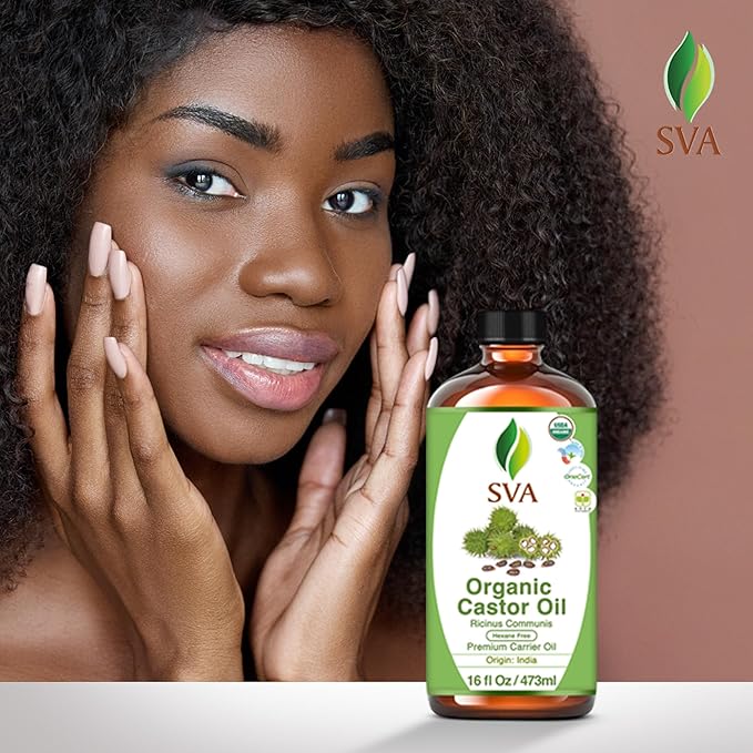 SVA Castor Seed Oil Organic - 16 Fl Oz – 100% Natural Cold Pressed Organic Castor Oil - for Face, Skin Care, Hair Care, Scalp Massage & Body Massage with Pump