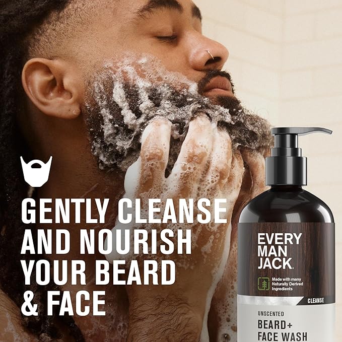 Every Man Jack Unscented Beard + Face Wash - Fragrance Free for Sensitive Skin - Naturally Cleanse and Condition Your Beard and Skin - 6.7-ounce (2 pack)