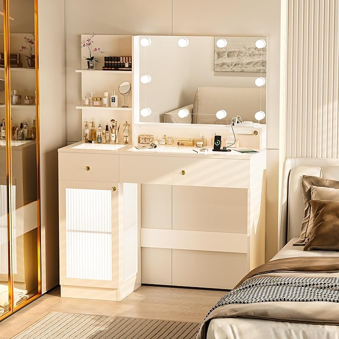 40" Vanity Desk with Large Mirror and Lights, Modern Glass Top Makeup Vanity Set with Power Outlet, Drawers and Cabinet, 3 Lighting Color Adjustable Dressing Table for Bedroom,White