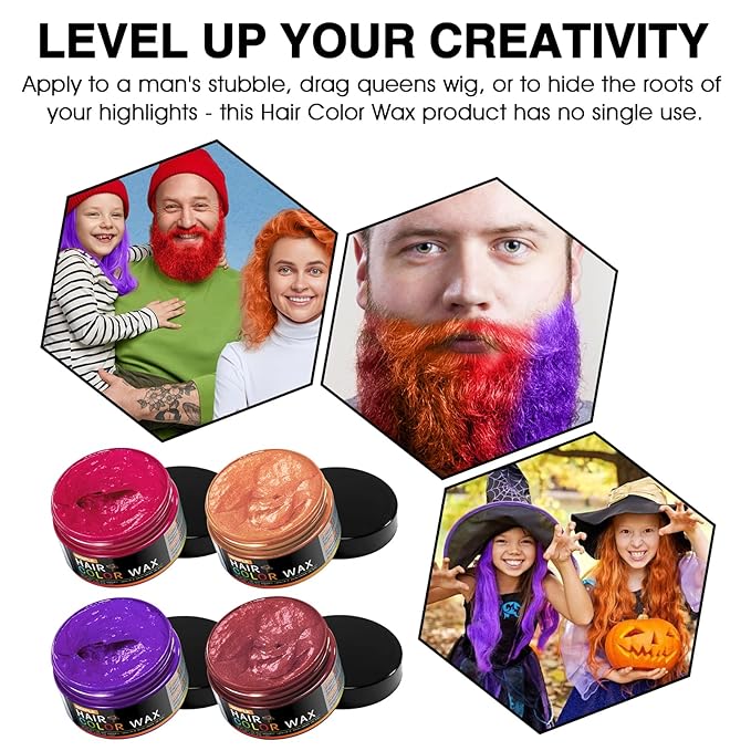 4oz Temporary Hair Color Wax for Men Women Kids Daily Party Cosplay Halloween DIY Washable Hair Wax Color Natural Instant Hair Paint Wax (Red&Orange&Claret&Purple, 5pcs)