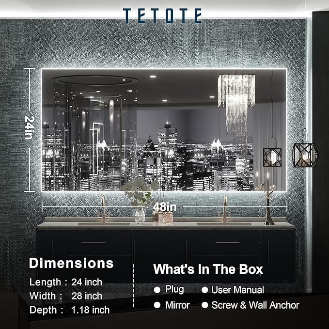 TETOTE 48 x 24 LED Backlit Bathroom Mirror with Light,3Color White/Warm/Natural,Anti-Fog Lighted Mirror,Dimmable,Vanity Mirror,Wall Mounted