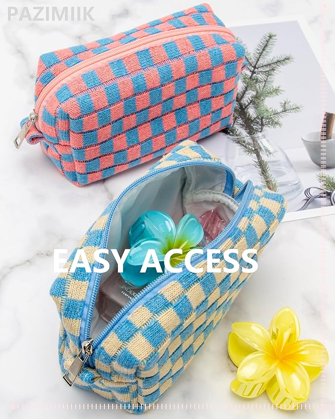 PAZIMIIK Checkered Makeup Bag for Purse Portable Zipper Make Up Pouch Small Cosmetic Case for Travel Accessories Blue Beige