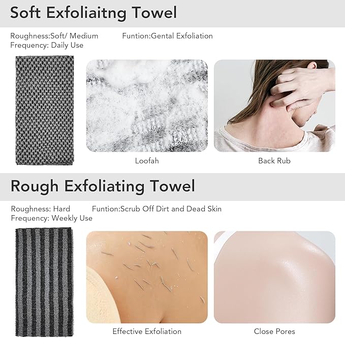 Exfoliating Washcloth Shower Towel - 2 Pack Back and Body Scrubbers for Smooth Skin | Quick-Drying, Durable, and Gentle for Sensitive Skin (Gray+Pink)
