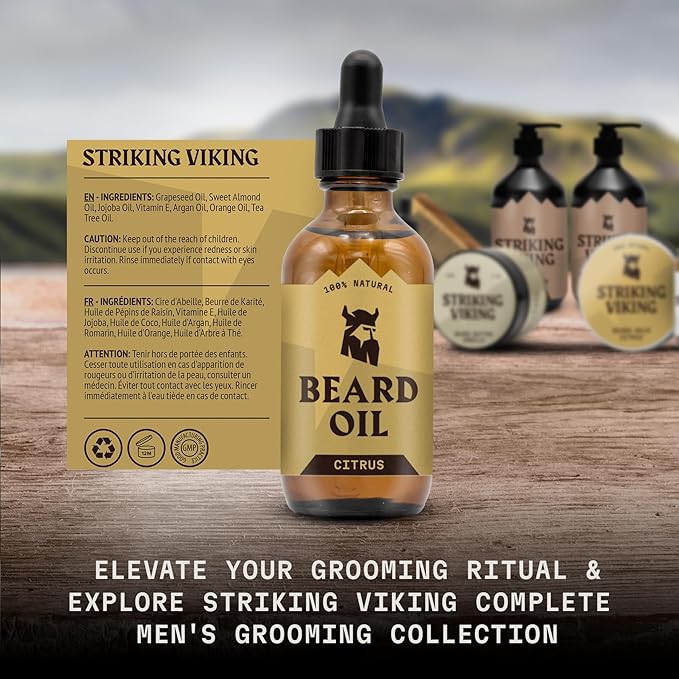 Striking Viking Citrus Beard Oil for Men - 2 Fl Oz, Citrus Scented - Moisturizing & Softening Formula With Jojoba, Argan & Tea Tree Oil