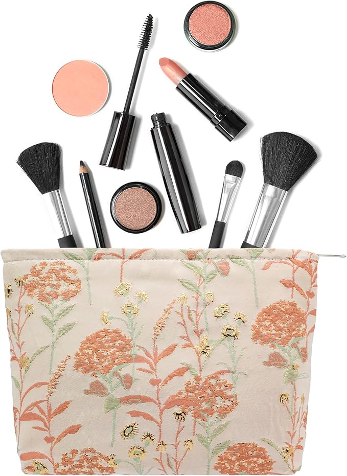 Makeup Bags for Purse Zipper Cosmetic Pouch Large Travel Canvas Make Up Organizer Tool Pouch for Women and Girls,Brocade Flower Pink