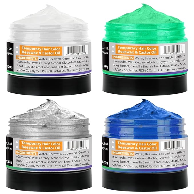 4oz Temporary Hair Color Wax for Men Women Kids Daily Party Cosplay Halloween DIY Washable Hair Wax Color Natural Instant Hair Paint Wax (White&Gray&Green&Blue, 5pcs)