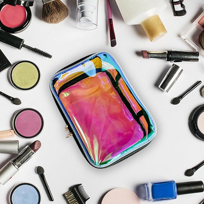 TPU Holographic Pink Makeup Bags Clear Travel Storage Bag Toiletry Pocket Portable Zippered Iridescent Pouch Waterproof Cosmetic Gift Bags for Women