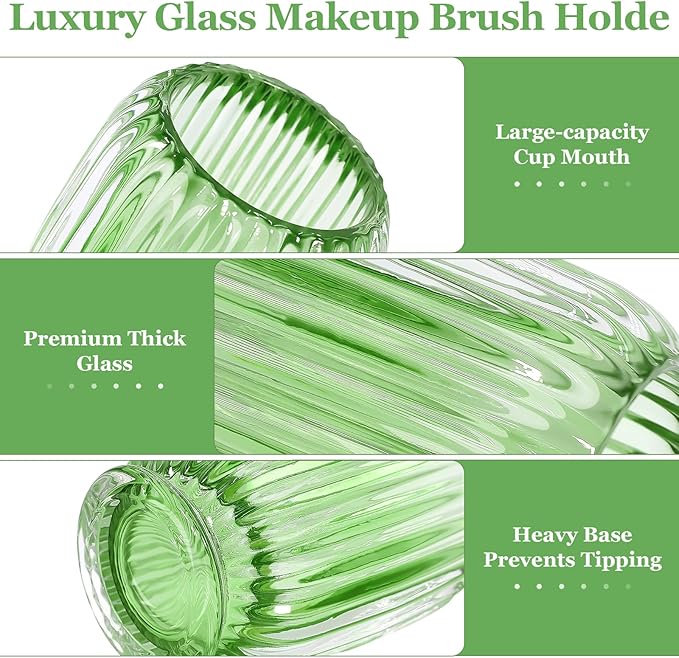 Makeup Brush Holder, Thick Glass Makeup Brush Organizer Cup, 4.8" Tall for Vanity Hair Brush Holder Brushes Storage, Makeup Brush Holder Organizer organizador de brochas de maquillaje Crystal Green