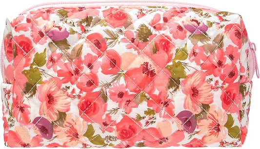 PAZIMIIK Vintage Quilted Makeup Bag Cosmetic Pouch for Brushes Pencils and Travel Make Up Accessories for Women and Girls,Flower Pink