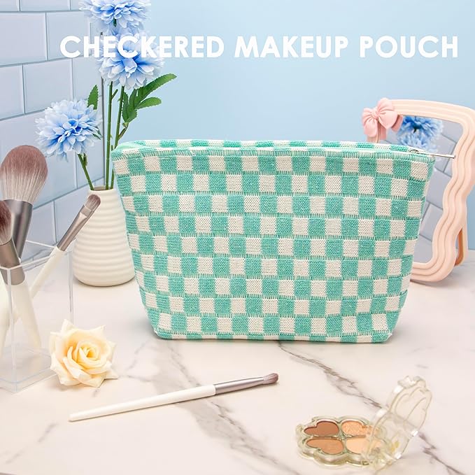 PAZIMIIK Knitted Checkered Makeup Bag Large Zipper Make Up Accessory Pouch for Purse Cosmetic Brush Bag for Travel Essential Arctic Blue
