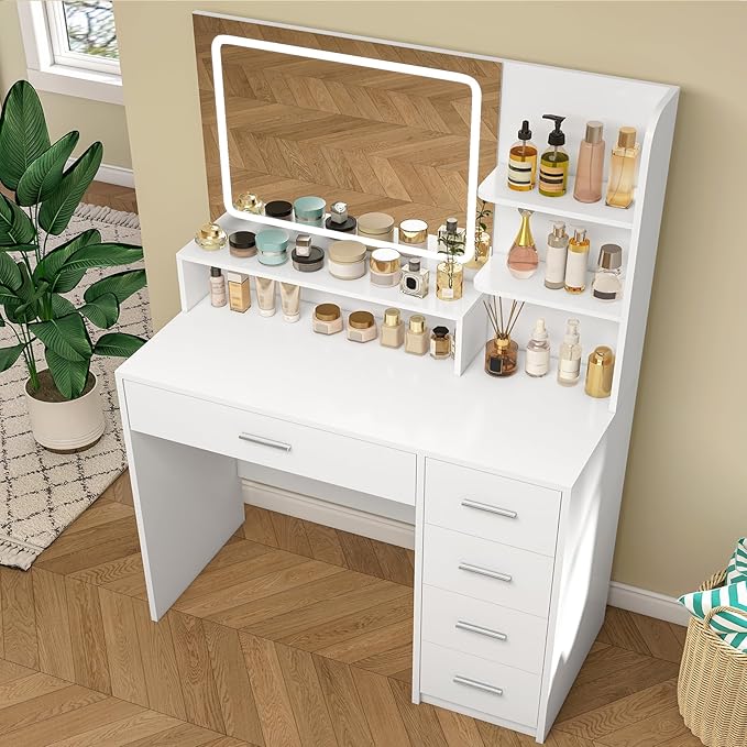 Quimoo Makeup Vanity Desk with LIighted Mirror, Vanity Desk with 5 Drawers & Storage Shelves, Vanity Table, 3 Color Modes & Adjustable Brightness Dressing Table, Bedroom