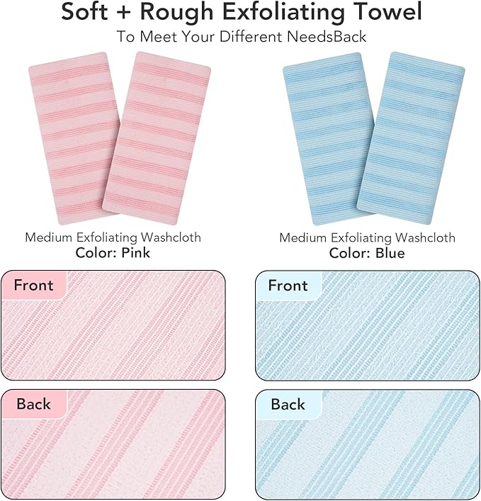 Exfoliating Washcloth Shower Towel - 2 Pack Back and Body Scrubbers for Smooth Skin | Quick-Drying, Durable, and Gentle for Sensitive Skin (Pink+Blue)