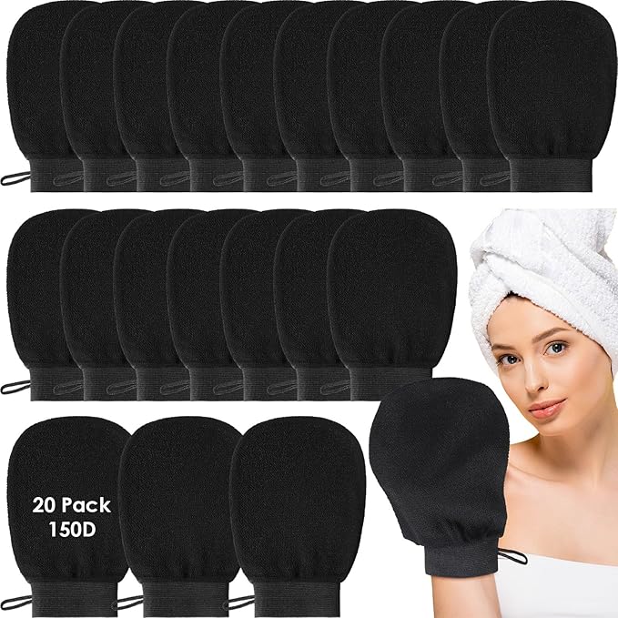 20 Pcs Exfoliating Glove Bulk Summer Exfoliator Mitt Body Scrubber 150d Viscose Fiber Deep Skin Korean Scrub Mitt for Spa Massage Dead Skin Remover for Men and Women(Black)