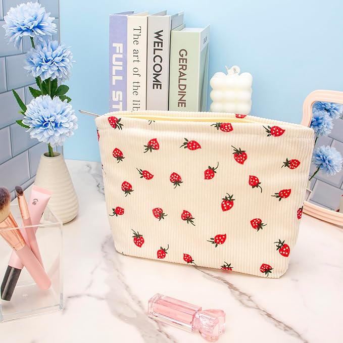 PAZIMIIK Makeup Bag Large Cotton Zipper Pouch for Purse Travel Canvas Make Up Organizer for Women Cosmetic,Strawberry Beige