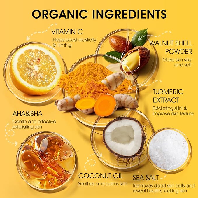Body Scrub,Turmeric Exfoliating Body Scrub with AHA & BHA, Gentle Body Exfoliator with Vitamin C for Body Hand Foot Bikini Area, Smooth & Moisturized Skin for Women and Men - 11.3oz