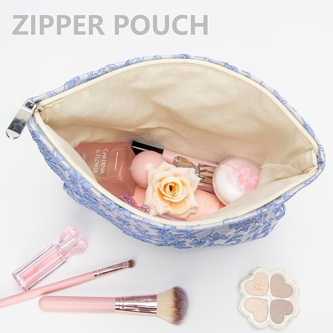 PAZIMIIK Makeup Bag Large Cotton Zipper Pouch for Purse Travel Canvas Make Up Organizer for Women Cosmetic,Brocade Silver