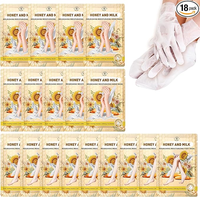 18 Pairs Moisturizing Hand & Foot Masks with Honey, Milk, Vitamin E & Glycerin, Intensely Hydrating Foot Mask For Dry Cracked Feet, Moisturizing Socks for Cracked Heel Treatment