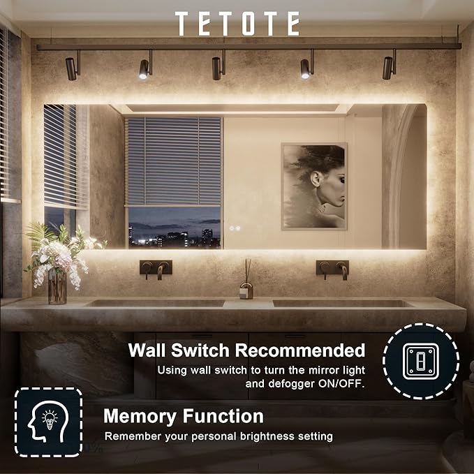 TETOTE Backlit Bathroom 84 x 32 Vanity Mirror with Light,3 Color White/Warm/Natural,Anti-Fog Lighted Mirror,Dimmable,Wall Mounted