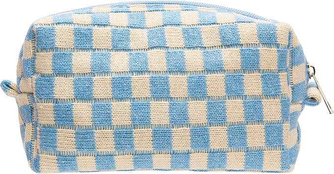 PAZIMIIK Checkered Makeup Bag for Purse Portable Zipper Make Up Pouch Small Cosmetic Case for Travel Accessories Blue Beige