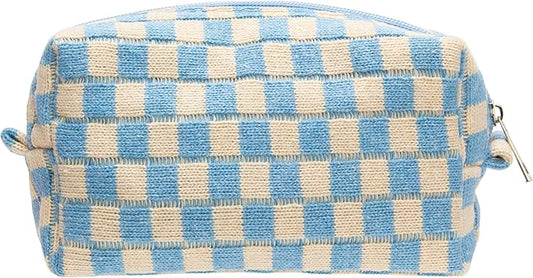 PAZIMIIK Checkered Makeup Bag for Purse Portable Zipper Make Up Pouch Small Cosmetic Case for Travel Accessories Blue Beige