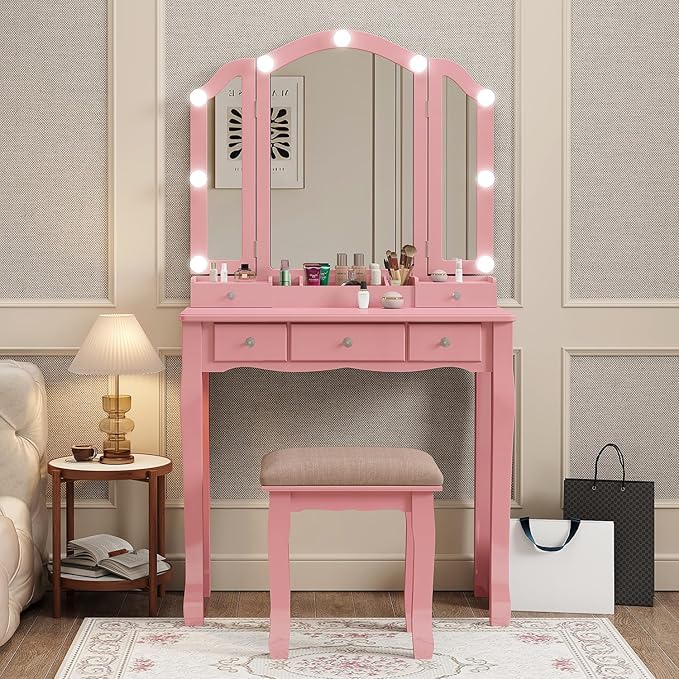 Vanity with Lights Girls Vanity Desk Set with Drawers Makeup Vanity Desk with Mirror and Lights Make Up Pink Makeup Vanity for Girls Table with Stool