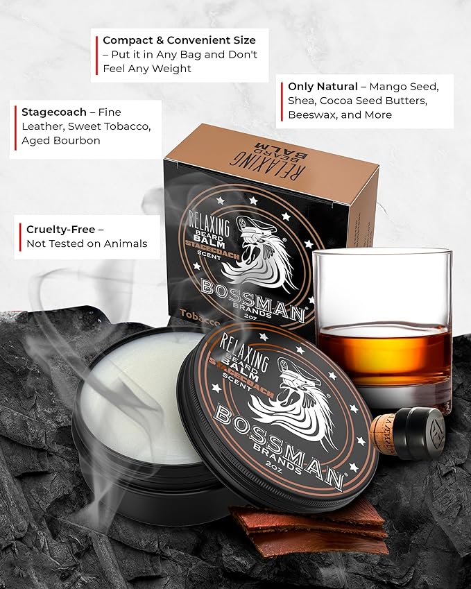 Bossman Relaxing Beard Balm for Men (Stagecoach Scent) – Tames, Relaxes, Thickens & Softens for Ultimate Beard Care – Made in USA