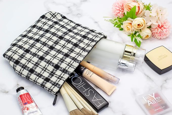 Makeup Bags for Purse Zipper Cosmetic Pouch Large Travel Canvas Make Up Organizer Tool Pouch for Women and Girls,Plaid Black