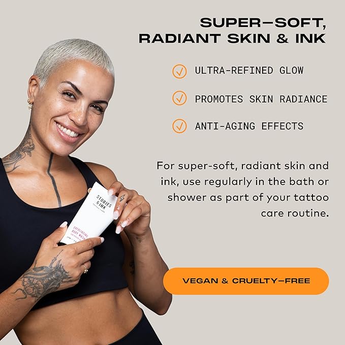 Stories & Ink Tattoo Aftercare | EXFOLIATING BODY WASH - Body Scrub Removes Dead & Dull Skin, Brightens Healed Tattoos, 200 mL / 6.8 Fl Oz