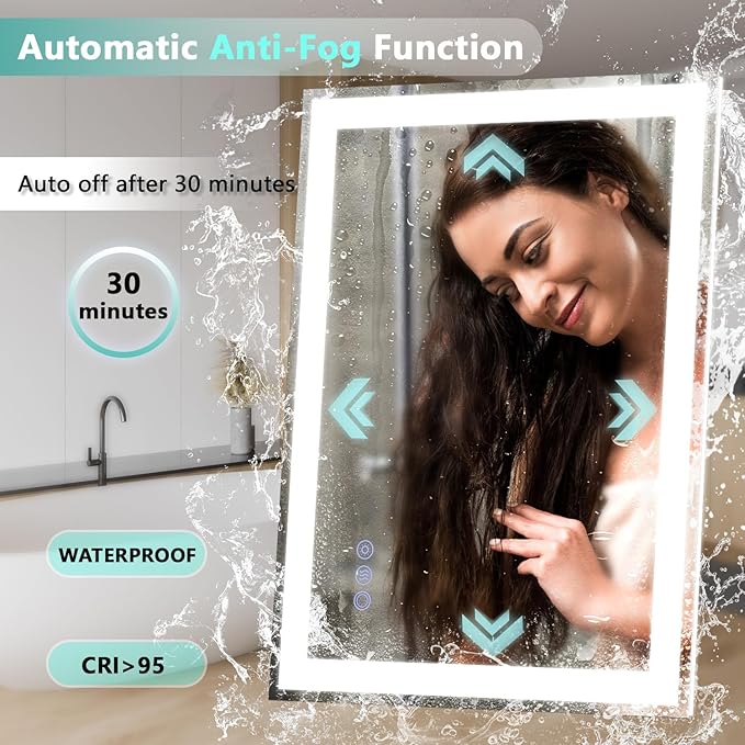 20"x 28" LED Bathroom Mirror, 3 Colors Vanity Mirror with Lights, Front and Backlit Bathroom Mirror with Lights, LED Smart Mirror for Bathroom, Tempered Glass, Anti-Fog, Stepless Dimmable, Memory