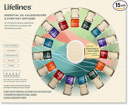 Lifelines Essential Oil Blends Collection Gift Set with Everyday Diffuser, 15-Pack - Blended Essential Oils for Aromatherapy Diffusers - Scented Fragrances for Joy, Calm, Focus & Energy