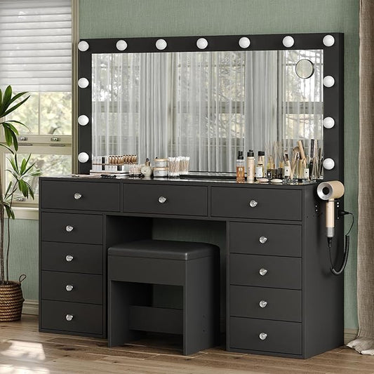 11 Drawers Makeup Vanity with Charging Station, Vanity Desk with 13 LED Bulbs and HD Mirror, 3 Color Brightness Adjustable, Glass Top Vanity Set for Bedroom, Black