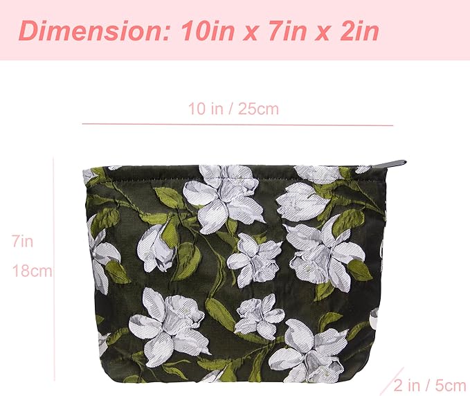 PAZIMIIK Makeup Bag Large Cotton Zipper Pouch for Purse Travel Canvas Make Up Organizer for Women Cosmetic,Brocade Floral Black