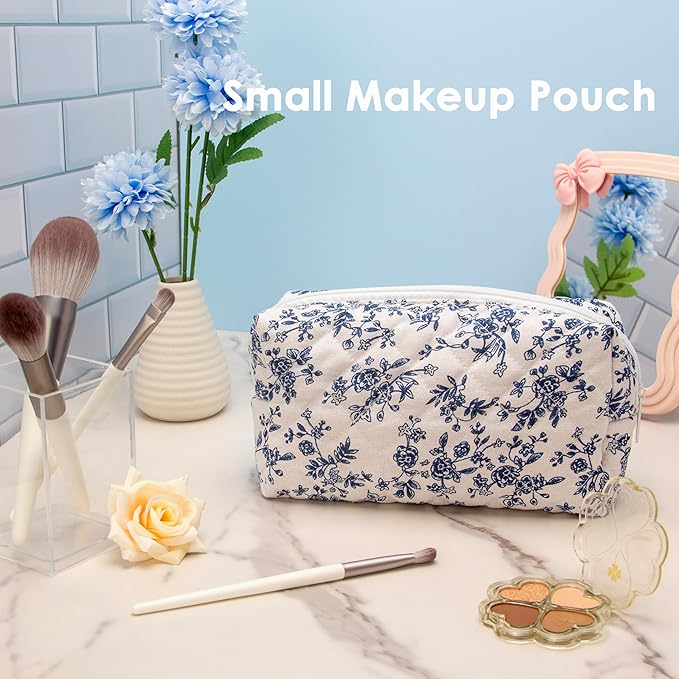 PAZIMIIK Vintage Quilted Makeup Bag Cosmetic Pouch for Brushes Pencils and Travel Make Up Accessories for Women and Girls Jouy Blue
