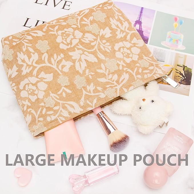 PAZIMIIK Makeup Bag Large Cotton Zipper Pouch for Purse Travel Canvas Make Up Organizer for Women Cosmetic,Rose Linen