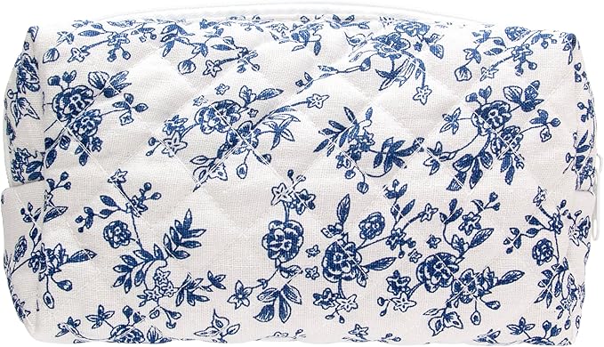 PAZIMIIK Vintage Quilted Makeup Bag Cosmetic Pouch for Brushes Pencils and Travel Make Up Accessories for Women and Girls Jouy Blue