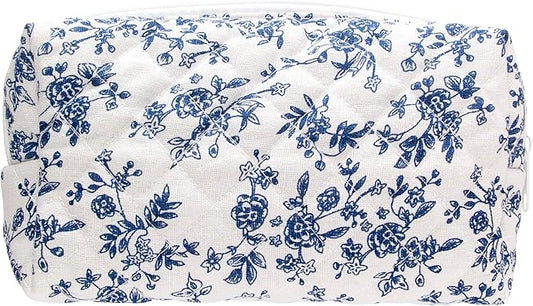 PAZIMIIK Vintage Quilted Makeup Bag Cosmetic Pouch for Brushes Pencils and Travel Make Up Accessories for Women and Girls Jouy Blue