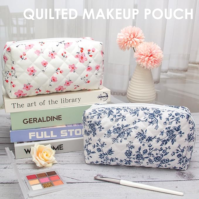 PAZIMIIK Vintage Quilted Makeup Bag Cosmetic Pouch for Brushes Pencils and Travel Make Up Accessories for Women and Girls Jouy Blue