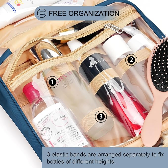 Travel Hanging Toiletry Bag for Women, with Jewelry Organizer Compartment, Medium Waterproof Hanging Makeup Accessories, Cosmetic Essentials, Toiletries Dopp Kit Set with Trolley Belt, Navy Blue