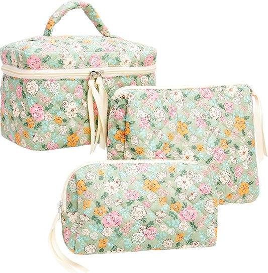 PAZIMIIK 3PCS Makeup Bag SET Large Travel Quilted Zipper Soft Cosmetic Case Pouch for Women Girls Make Up,Green Flower