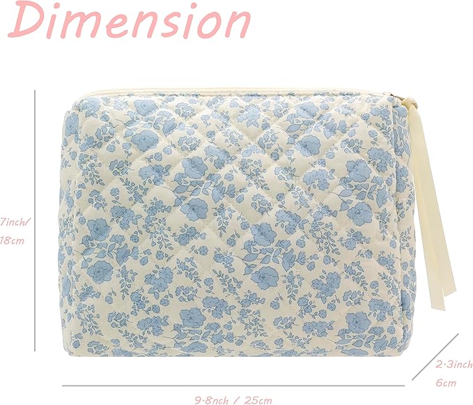 PAZIMIIK Quilted Makeup Bag Large Travel Zipper Soft Cosmetic Pouch for Women Girls Make Up,Little Flower Blue