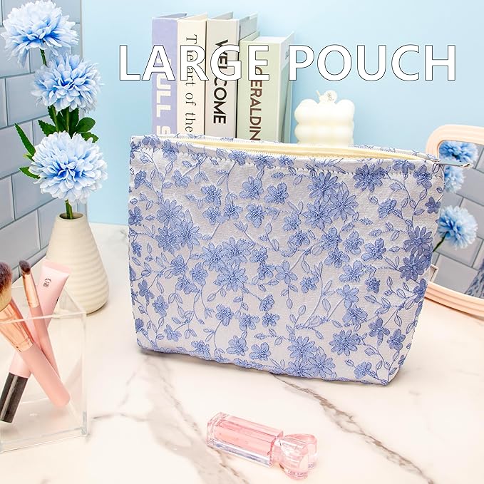 PAZIMIIK Makeup Bag Large Cotton Zipper Pouch for Purse Travel Canvas Make Up Organizer for Women Cosmetic,Brocade Silver