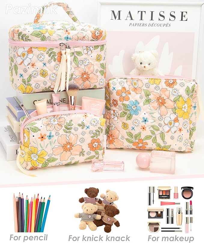 PAZIMIIK 3PCS Makeup Bag SET Large Travel Quilted Zipper Soft Cosmetic Case Pouch for Women Girls Make Up,Floral Orange
