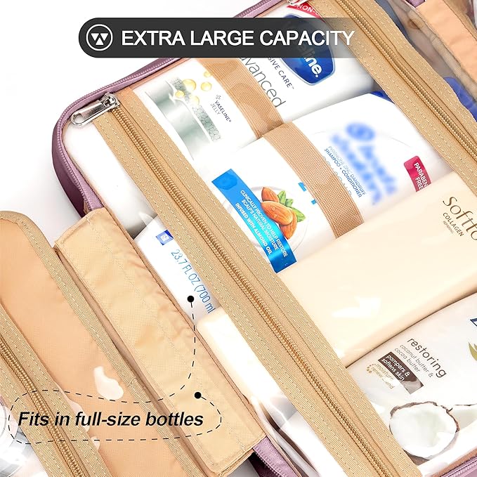 Travel Hanging Toiletry Bag for Women, Large Makeup Bag 8 Leak Proofing Silicone Bottle Covers, Waterproof Cosmetic Bag with Jewelry Organizer Compartment, Toiletries Kit Set, Purple