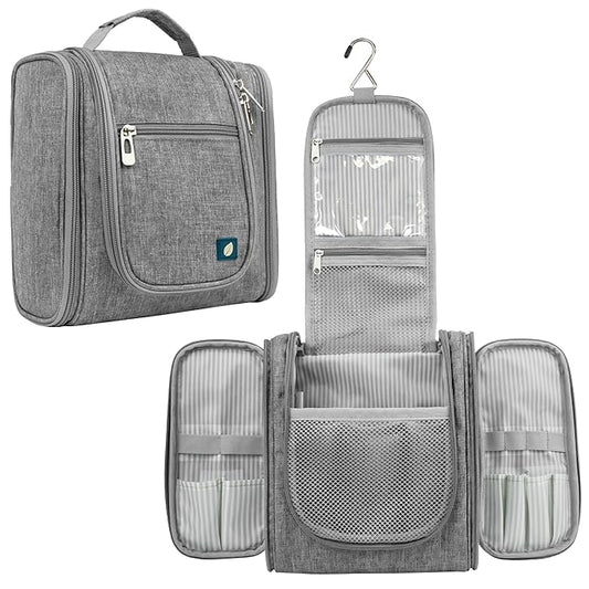 PAVILIA Toiletry Bag Travel Bag for Women Men, Hanging Cosmetic Organizer, Water Resistant Makeup Bag for Accessories Toiletries, Large Travel Essentials Kit (Grey)